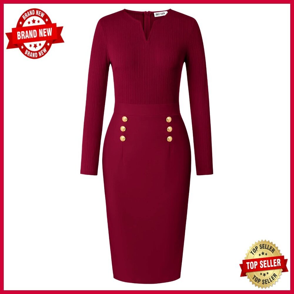 Elegant Work Dress Henly V Neck Bodycon Midi Long Sleeve Sheath Office Wear